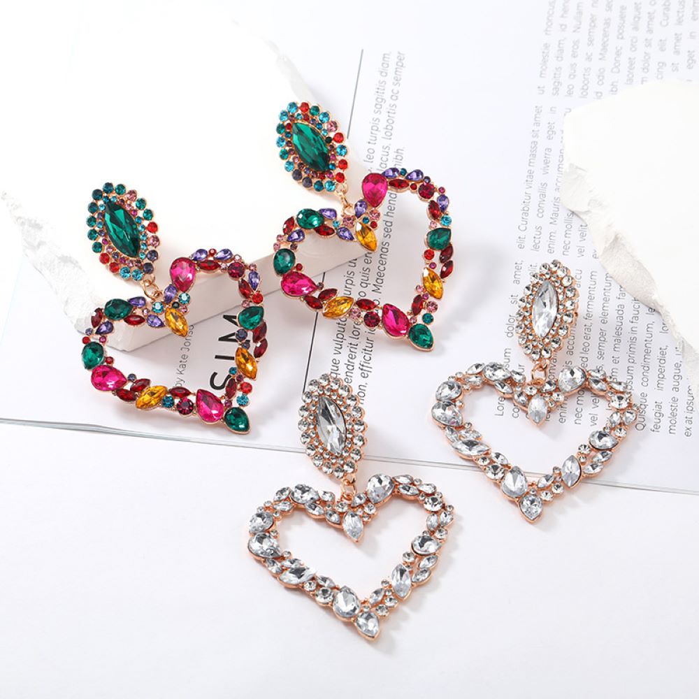 Gold Sparkling Crystal Heart Shaped Statement Clip On Dangling Earrings
