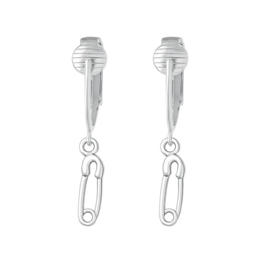 Silver Safety Pins Clip On Dangling Earrings