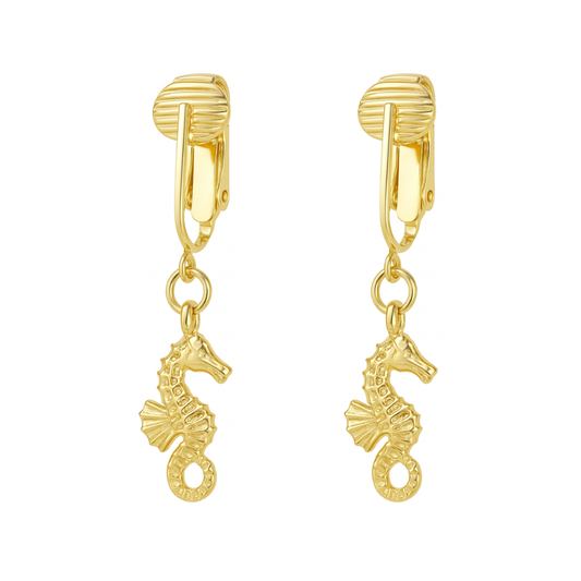 Gold Seahorses Clip On Dangling Earrings