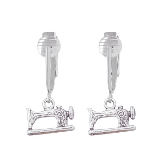 Silver Sewing Machine Clip On Dangling Earrings