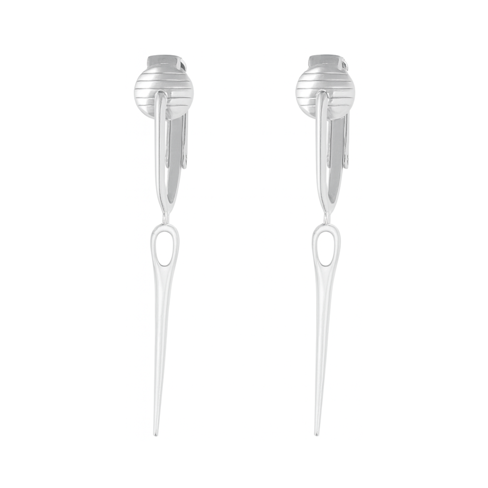 Silver Sewing Needle Clip On Dangling Earrings