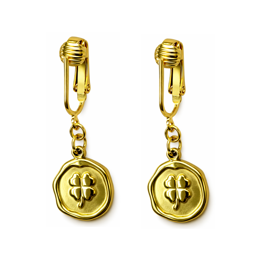 Gold Shamrock Charm Clip On Dangling Earrings