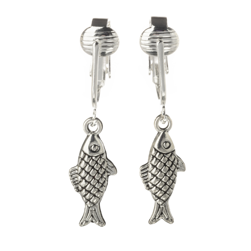 Silver Fish Clip On Dangling Earrings