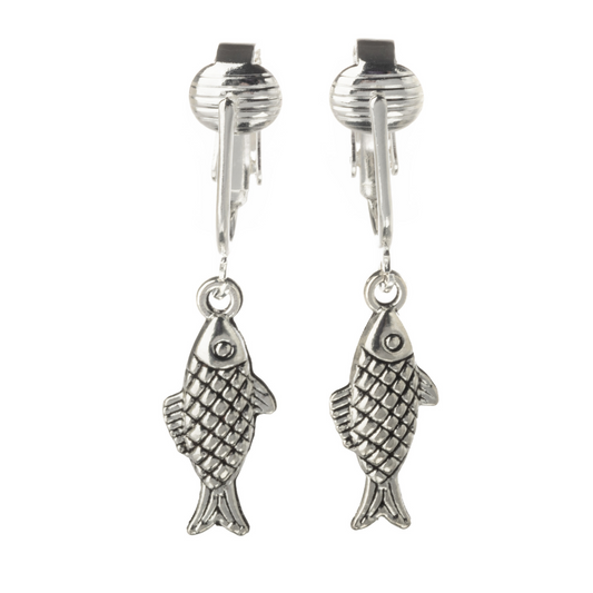 Silver Fish Clip On Dangling Earrings