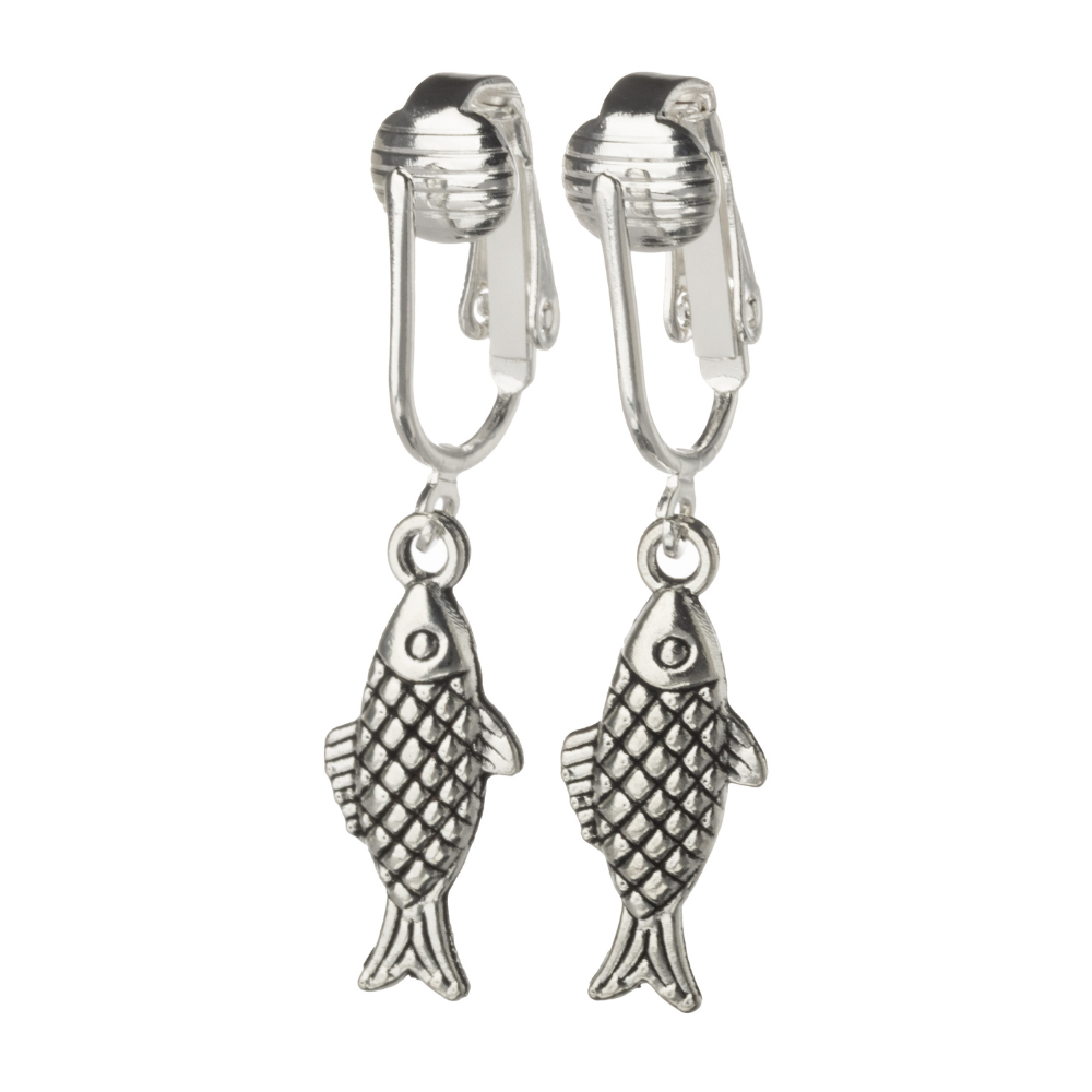 Silver Fish Clip On Dangling Earrings