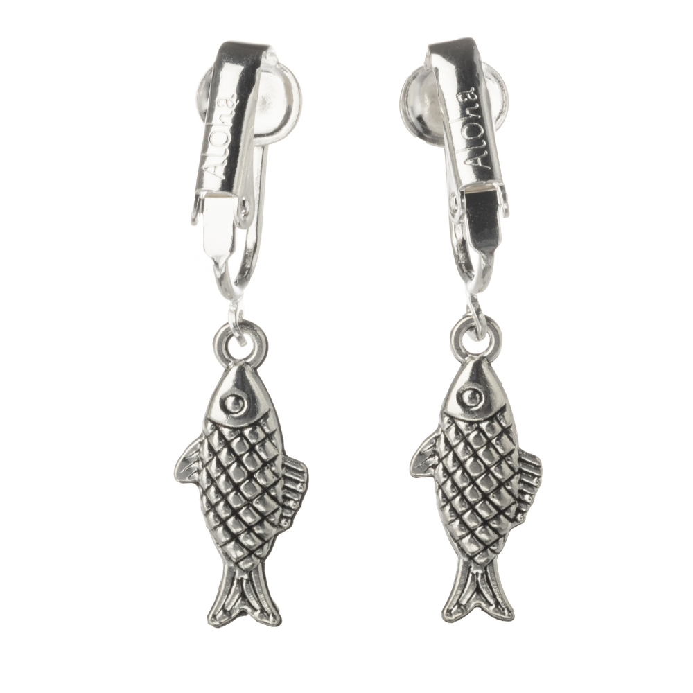 Silver Fish Clip On Dangling Earrings
