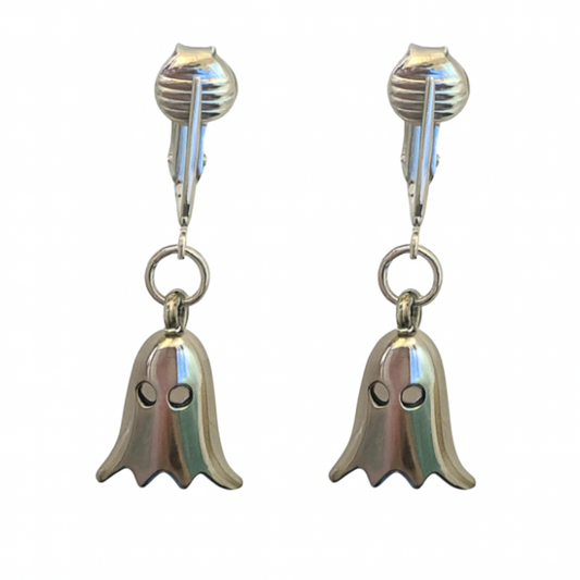 Silver Ghosts Clip On Dangling Earrings