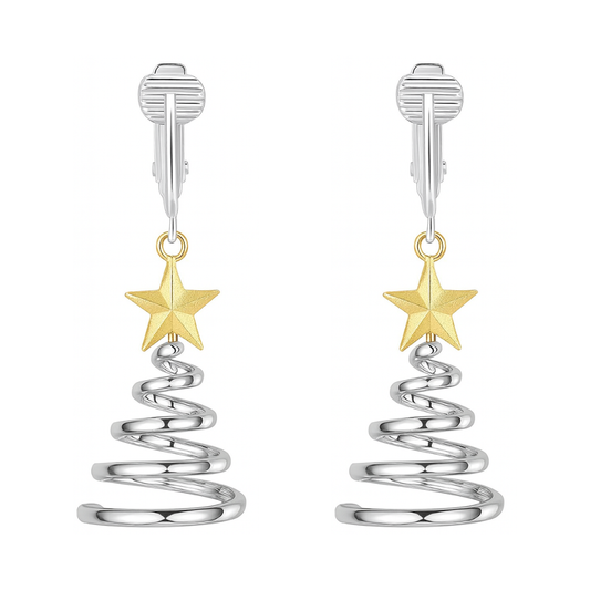 Silver Spiral Christmas Trees Clip On Dangling Earrings