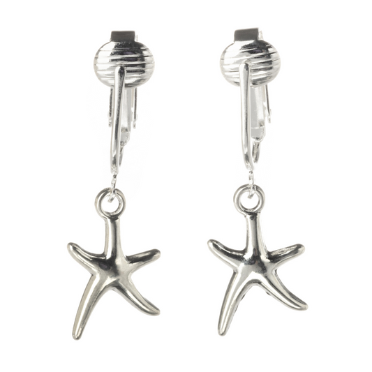 Silver Starfish Clip On Dangling Earrings