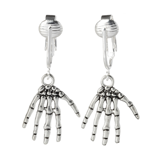 Silver Skeleton Hands Clip On Dangling Earrings