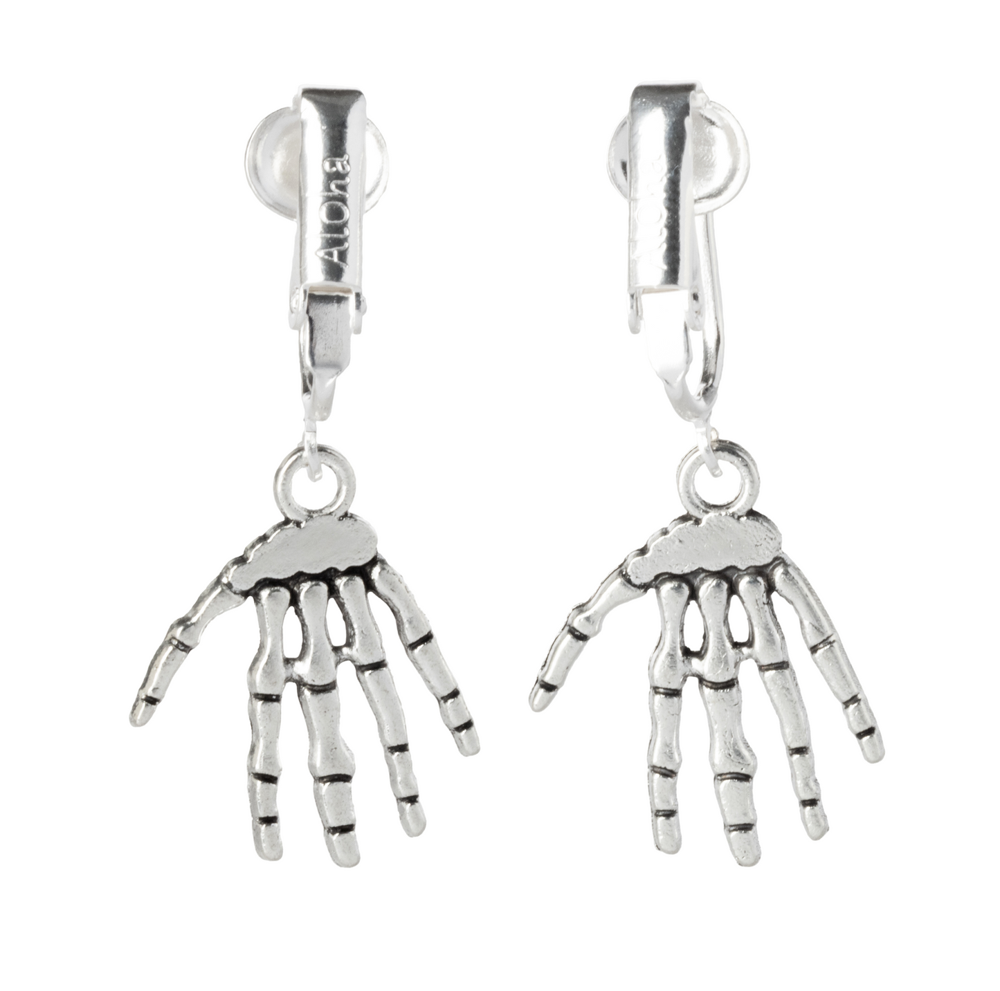 Silver Skeleton Hands Clip On Dangling Earrings