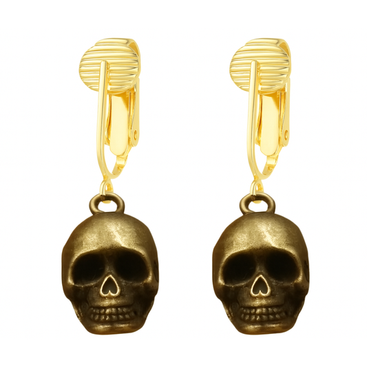 Gold Skull Face Clip On Dangling Earrings