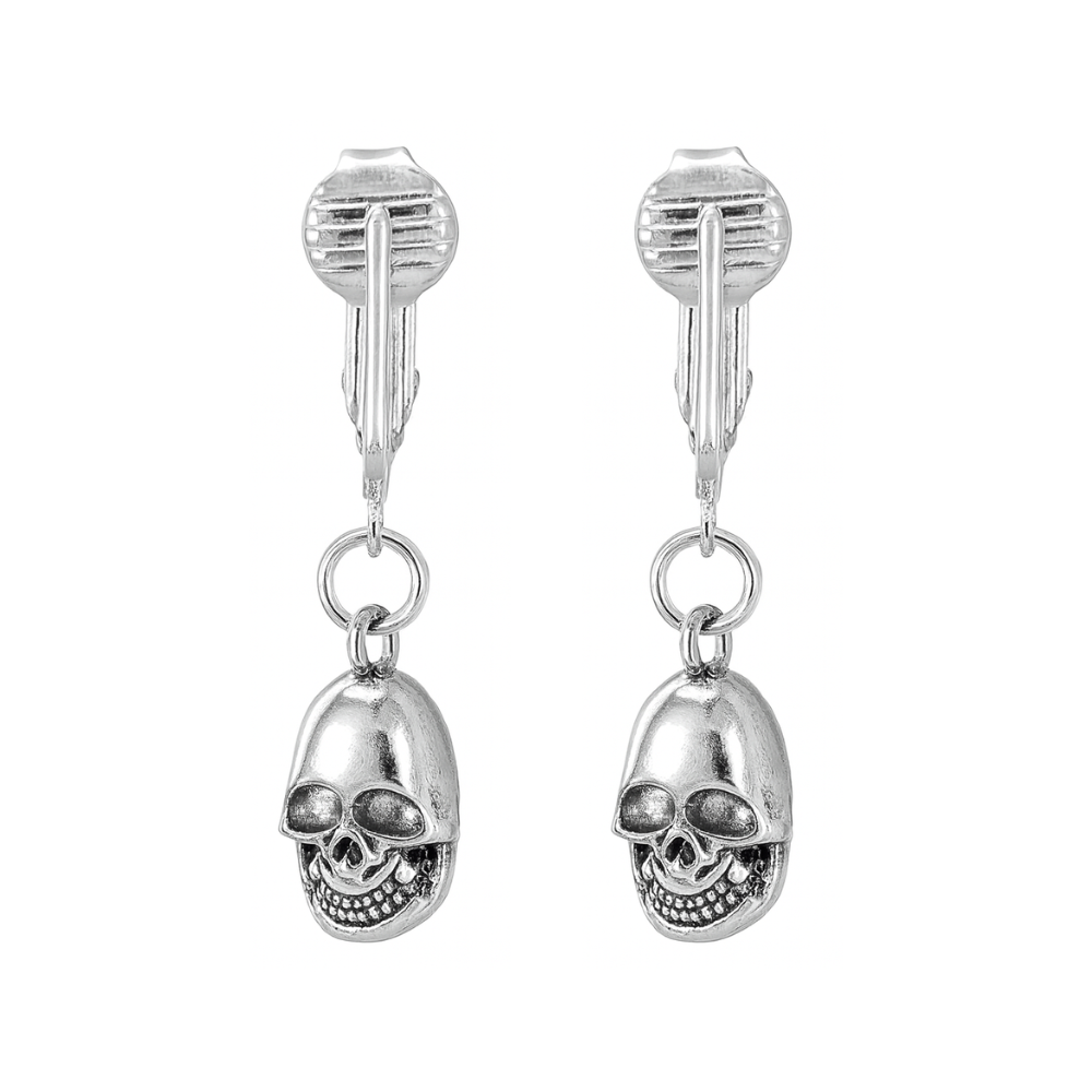Silver Skull Face Clip On Dangling Earrings