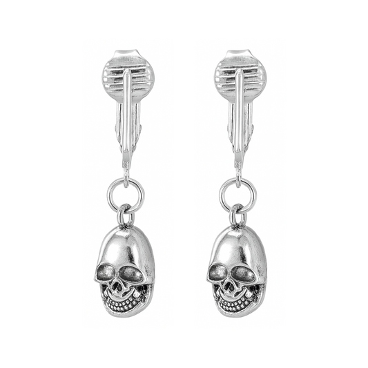 Silver Skull Face Clip On Dangling Earrings