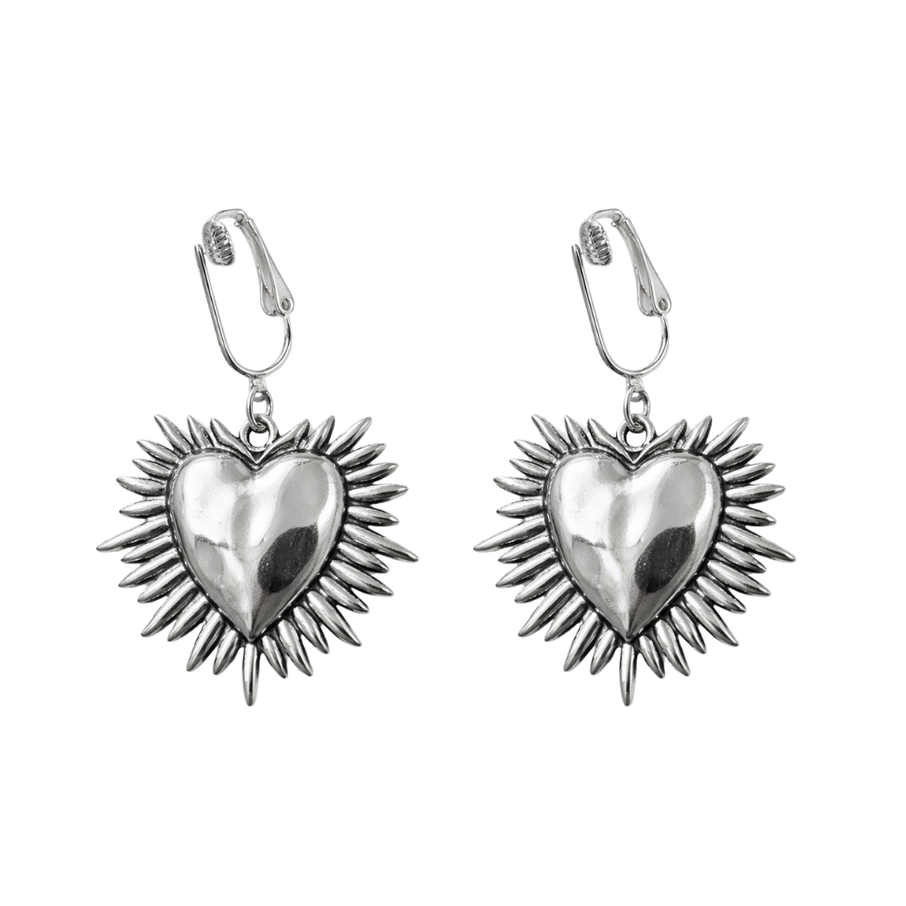 Silver Spiked Heart Clip On Dangling Earrings