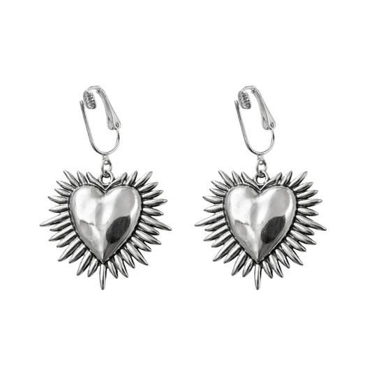 Silver Spiked Heart Clip On Dangling Earrings