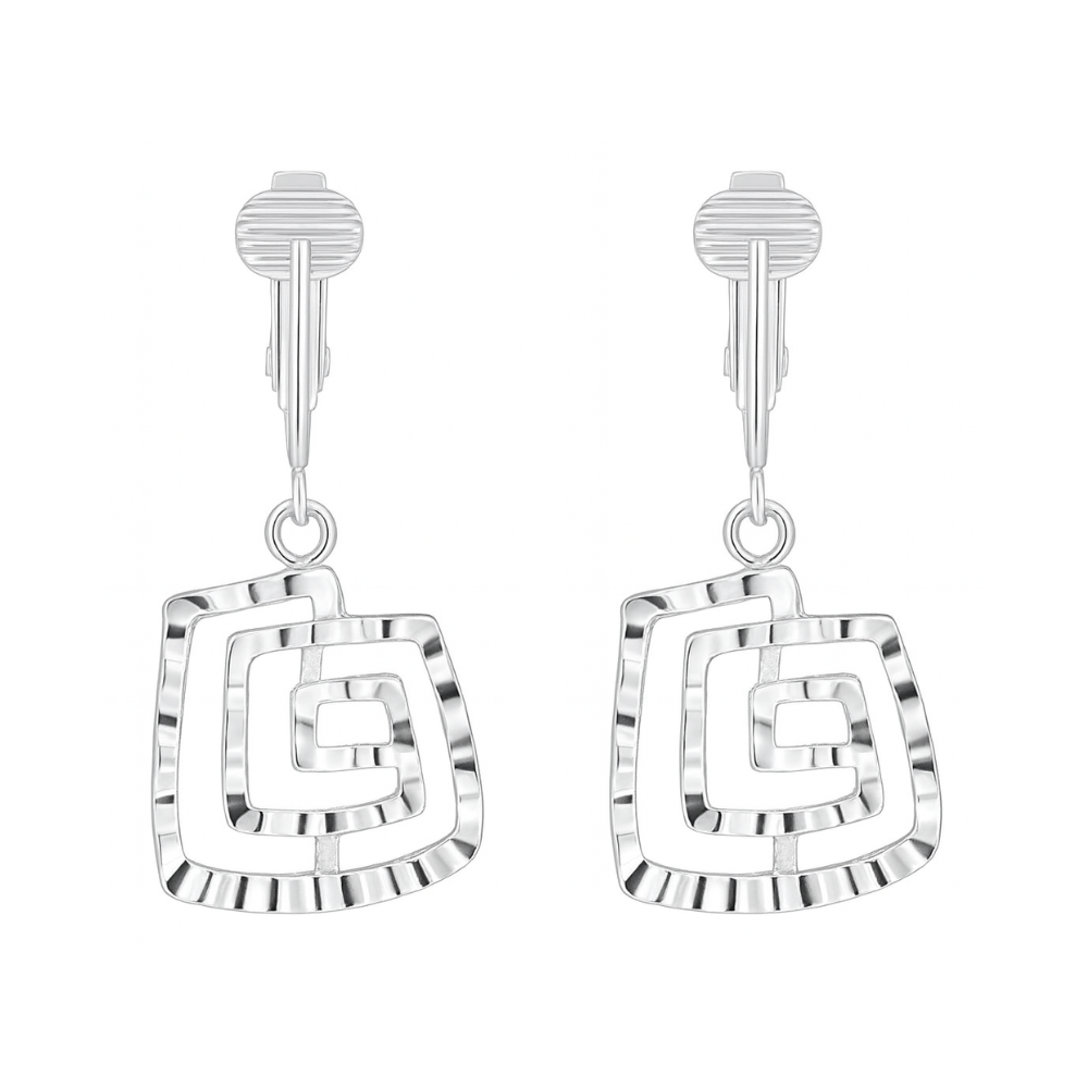 Silver Spiral Squares Clip On Dangling Earrings