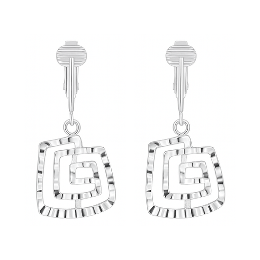 Silver Spiral Squares Clip On Dangling Earrings