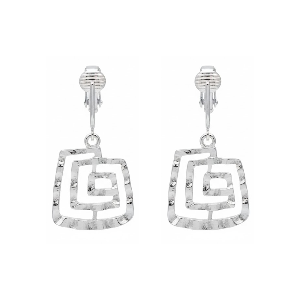 Silver Spiral Squares Clip On Dangling Earrings