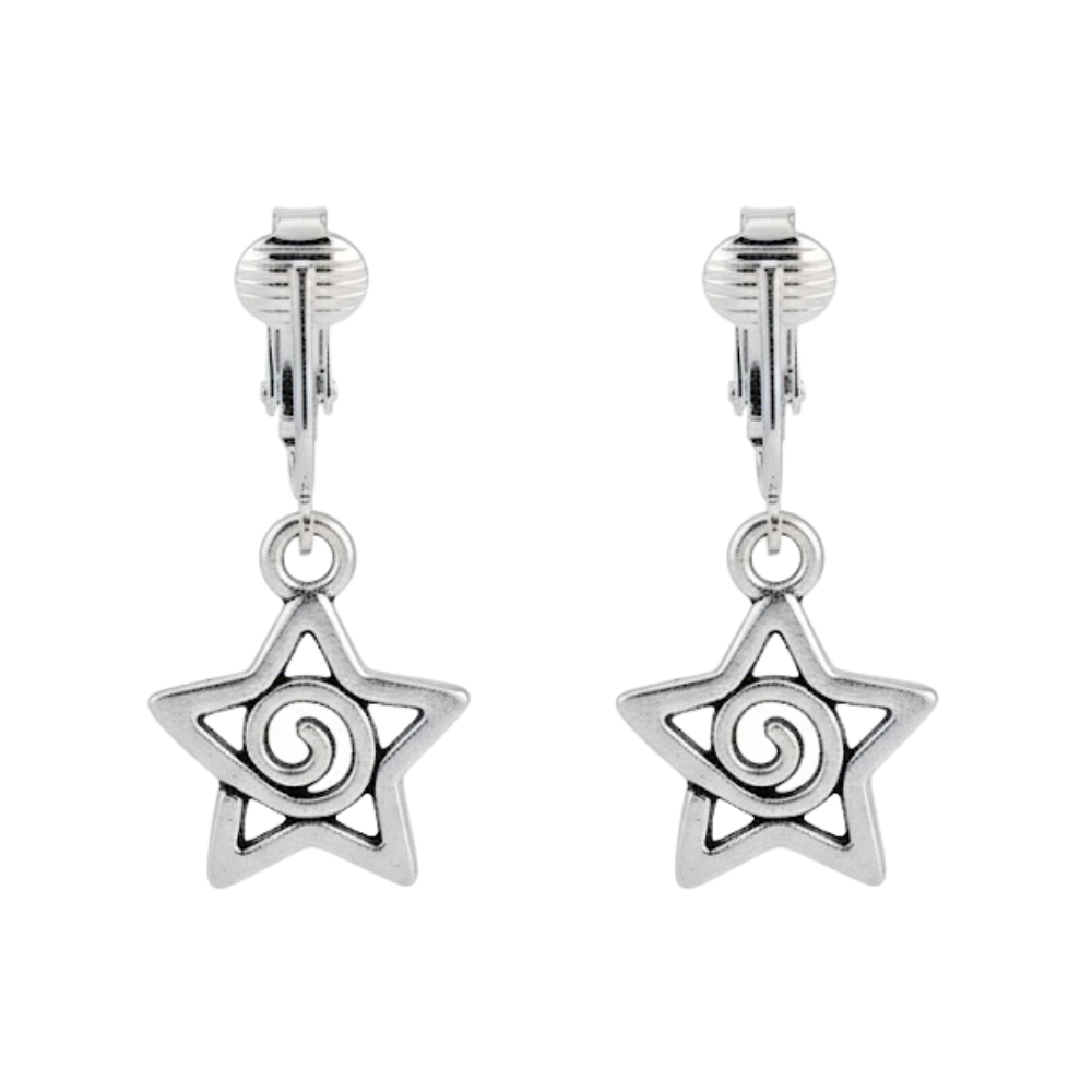 Silver Spiral Stars Clip On Dangling Earrings