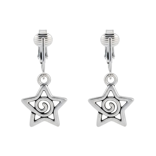 Silver Spiral Stars Clip On Dangling Earrings