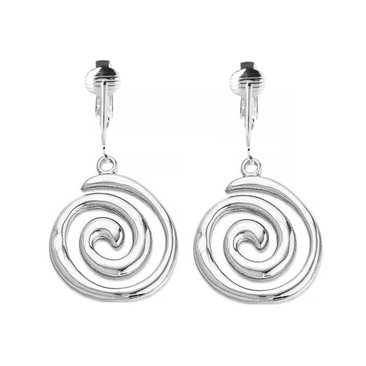 Silver Spiral Clip On Dangling Earrings