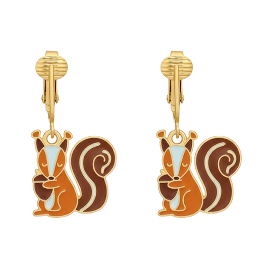 Gold Squirrels Clip On Dangling Earrings
