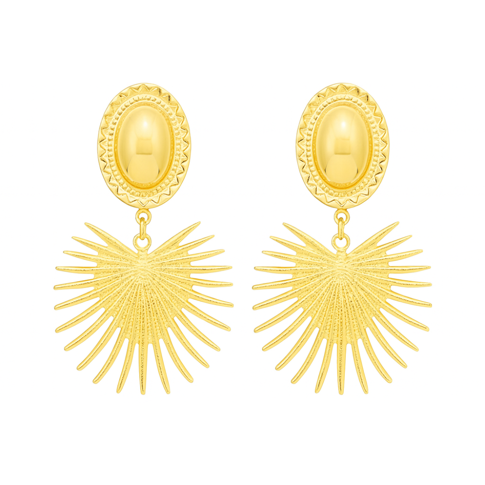 Gold Sunburst Heart Clip On Statement Dangling Earrings