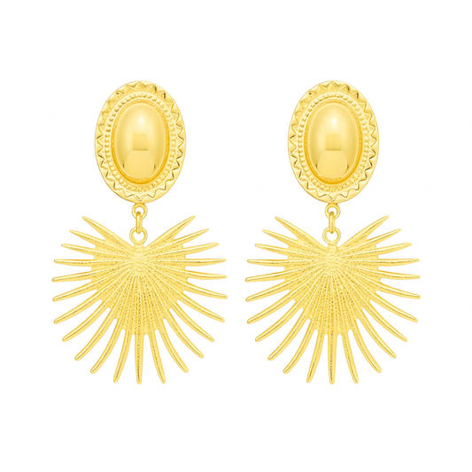 Gold Sunburst Heart Clip On Statement Dangling Earrings