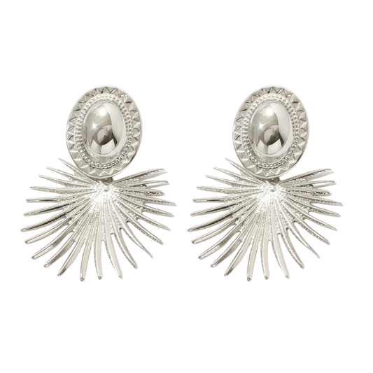 Silver Sunburst Heart Clip On Statement Dangling Earrings