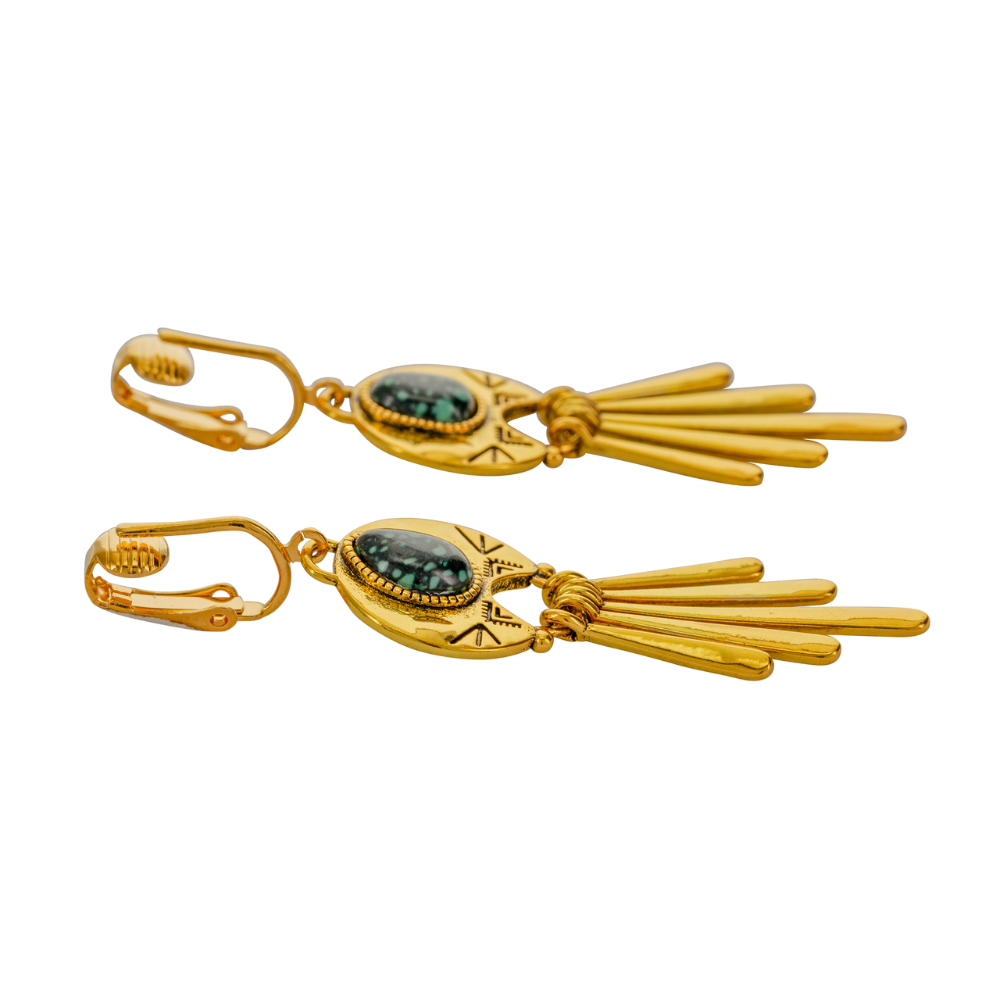 Gold Stone Tassels Clip On Dangling Earrings