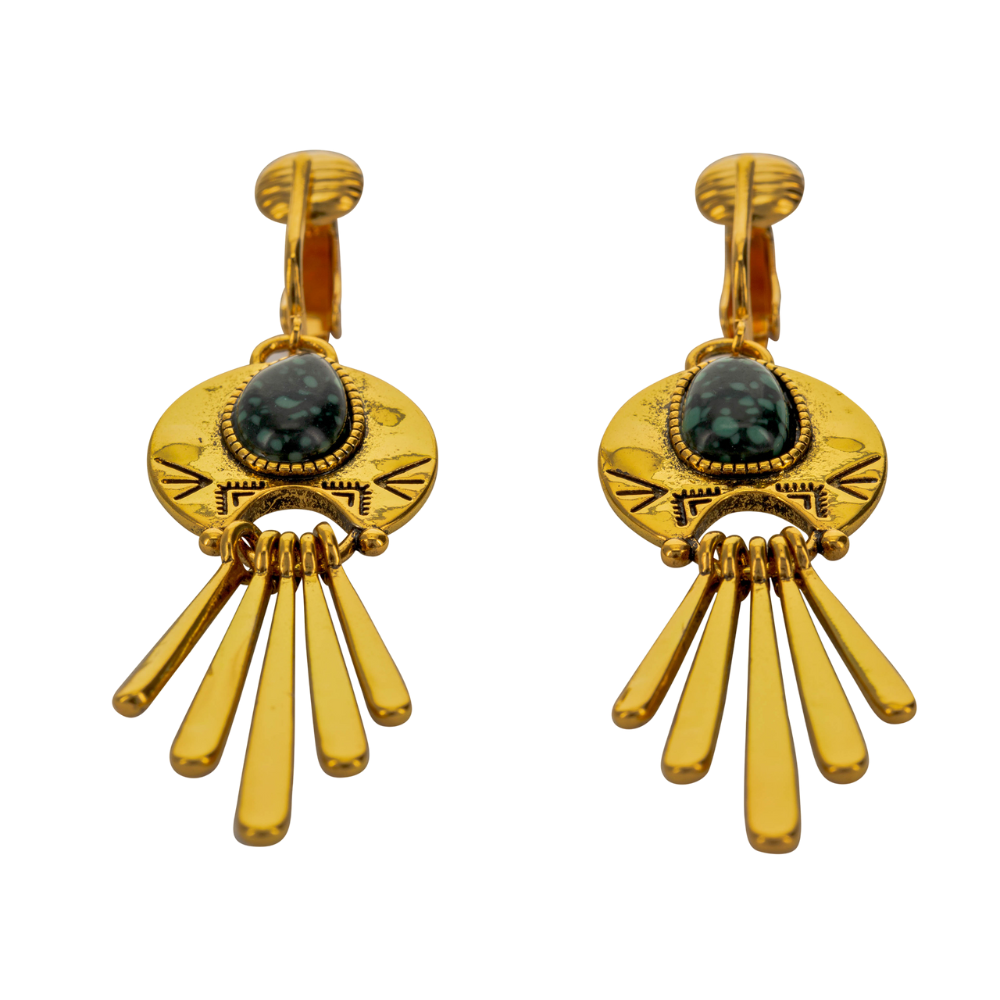 Gold Stone Tassels Clip On Dangling Earrings