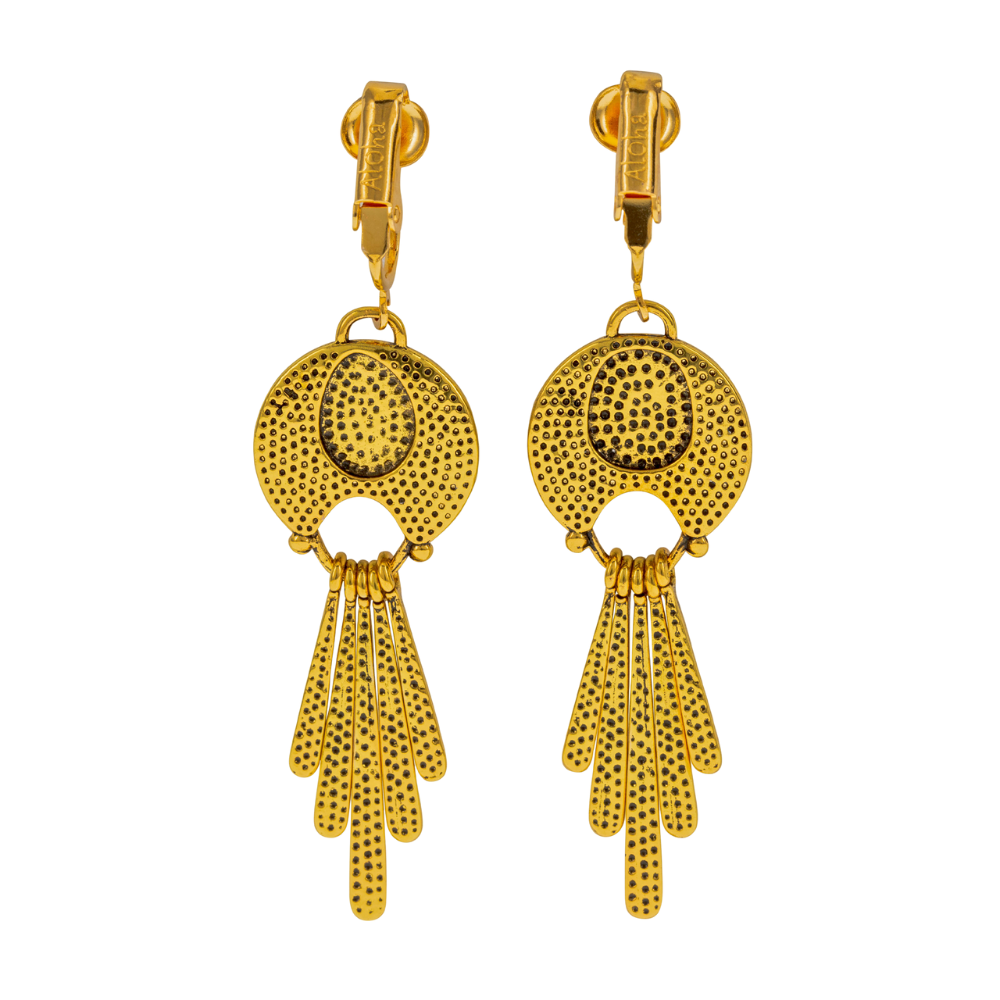 Gold Stone Tassels Clip On Dangling Earrings