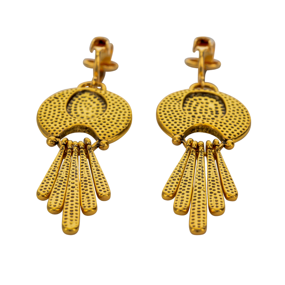 Gold Stone Tassels Clip On Dangling Earrings