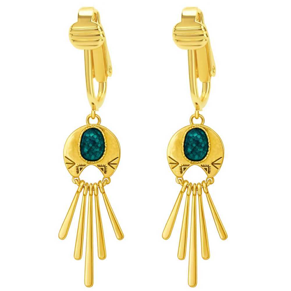 Gold Stone Tassels Clip On Dangling Earrings
