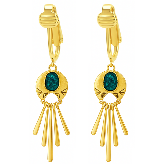Gold Stone Tassels Clip On Dangling Earrings