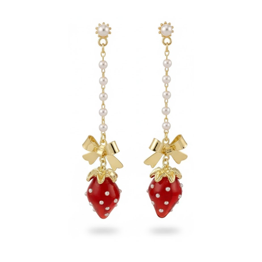 Gold Simulated Pearl Strawberry Mosquito Coil Clip On Dangling Earrings