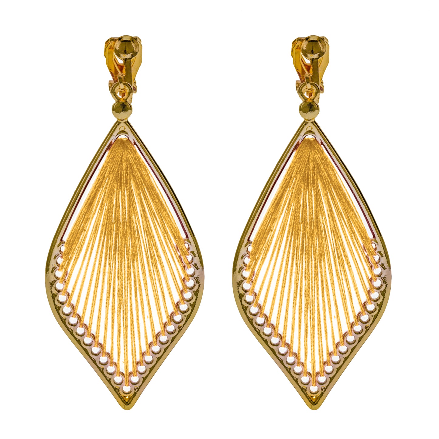 Gold Stringed Teardrop Clip On Dangling Earrings