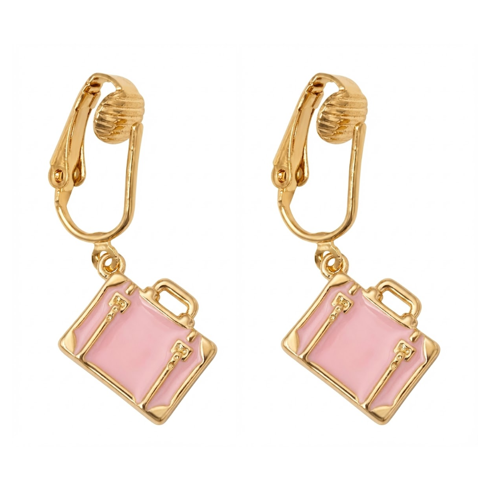 Pink Suitcase Gold Clip On Dangling Earrings