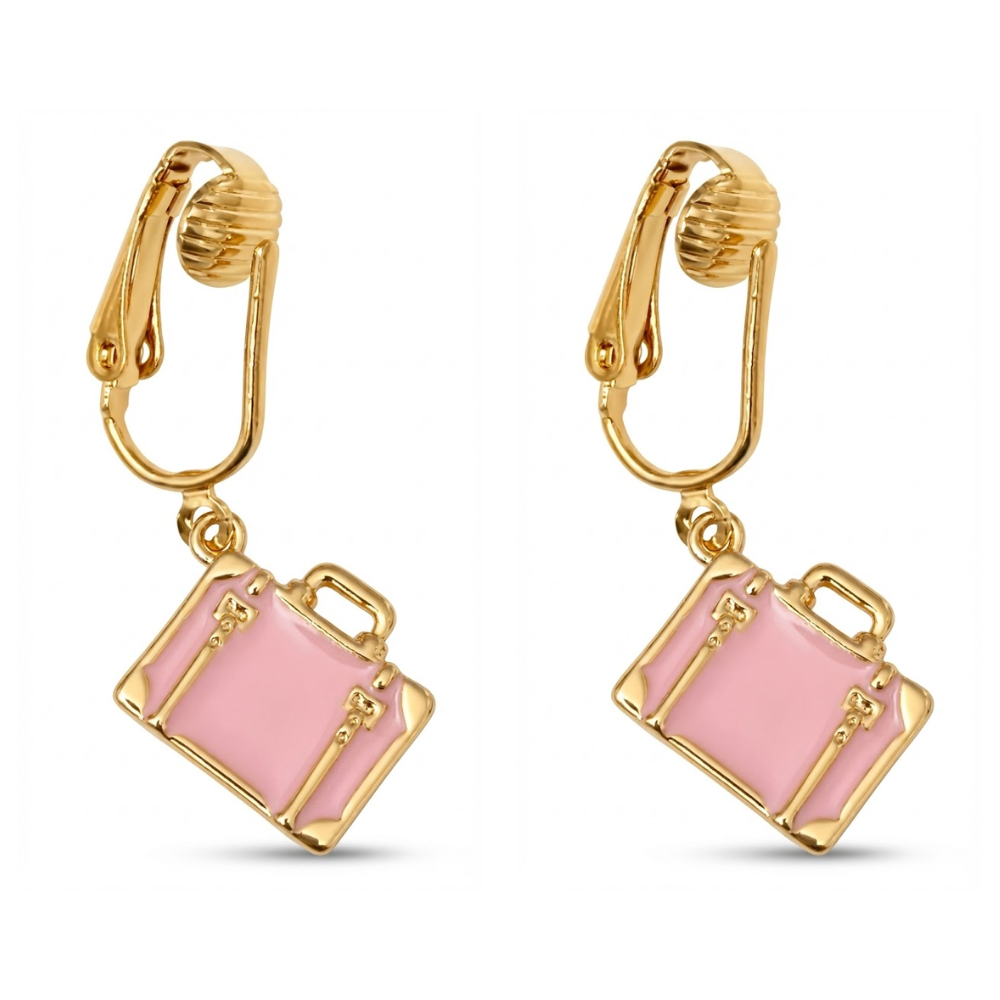 Pink Suitcase Gold Clip On Dangling Earrings
