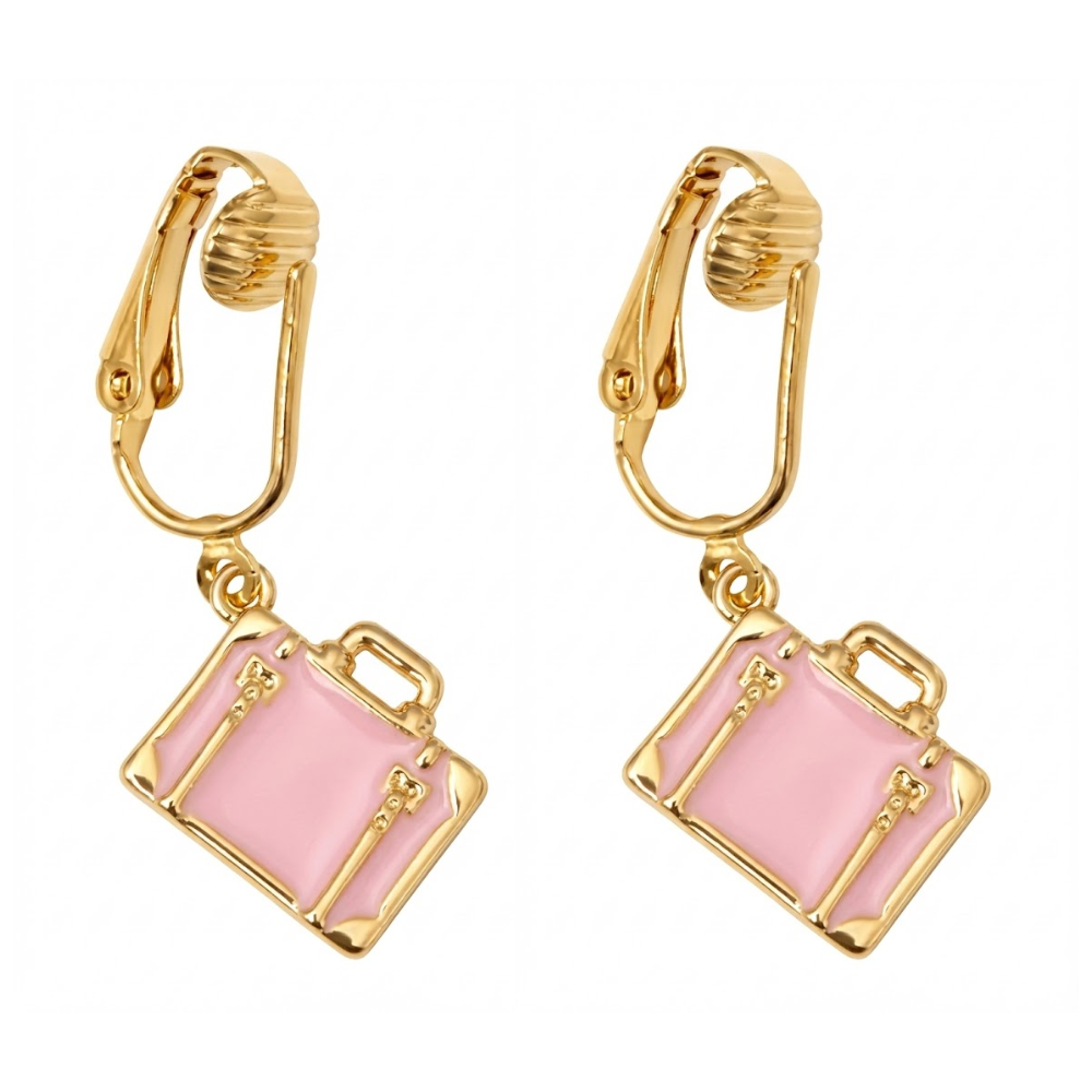 Pink Suitcase Gold Clip On Dangling Earrings