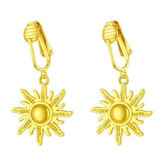 Gold Sun Clip On Dangling Earrings