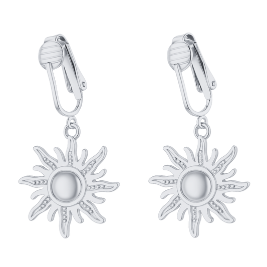 Silver Sun Clip On Dangling Earrings