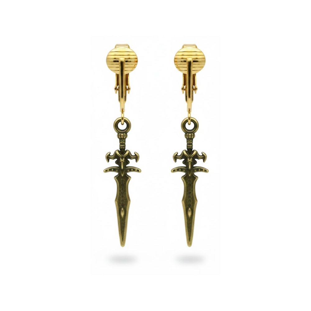 Gold Sword Clip On Dangling Earrings