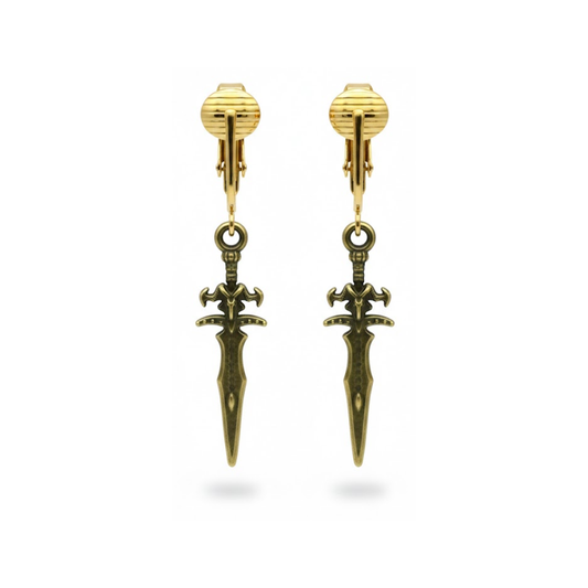 Gold Sword Clip On Dangling Earrings