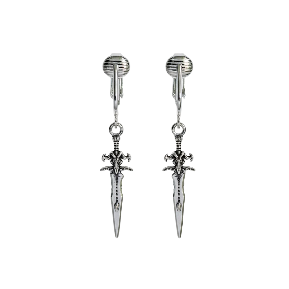 Silver Sword Clip On Dangling Earrings
