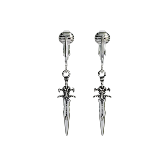 Silver Sword Clip On Dangling Earrings