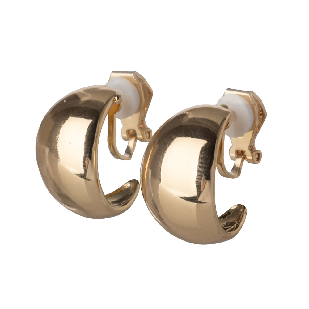 Gold Thick Polished Clip On Hoop Earrings