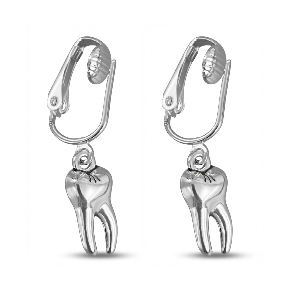 Silver Tooth Clip On Dangling Earrings
