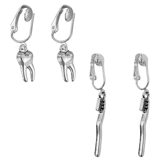 Set of 2 Silver Tooth and Toothbrush Clip On Dangling Earrings